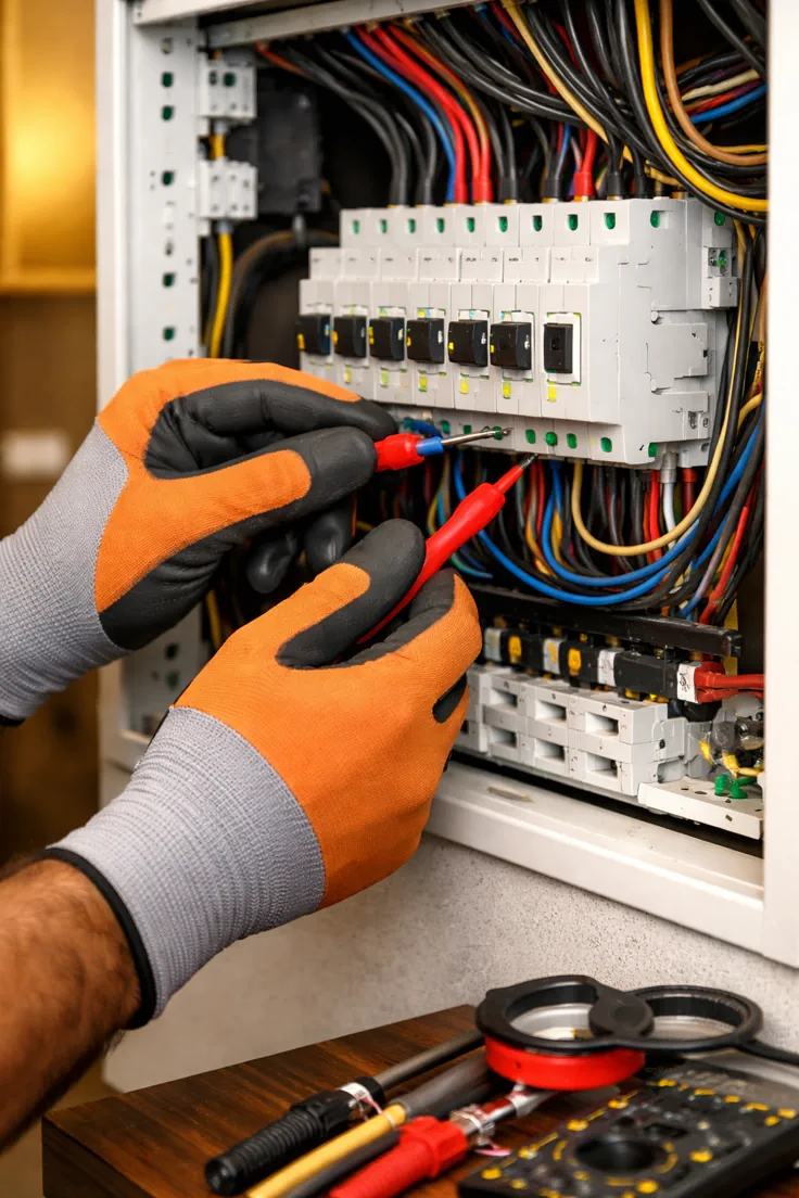 Electrician checking wiring inside a breaker panel